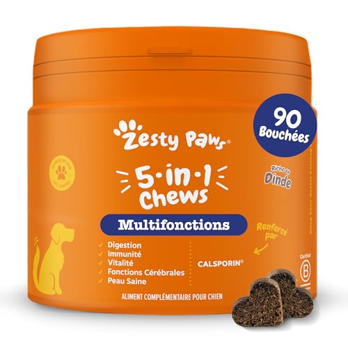 Zesty Paws 5-in-1 Multifonctions - Complément pour Chien sous Forme de friandise - Soin Complet multivitamines - Calsporin, Biotine - 90 Unités (Dinde)