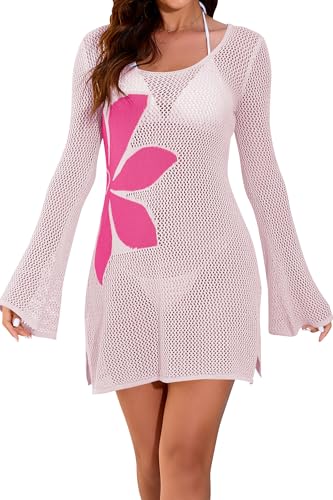 Image of Cakulo Women's Swimsuit Cover Up Crochet Beach Floral Dress | Bell Sleeve, Hollow Out, High Slit, Bathing Suit Cover Up, Summer Casual, Boho Vacation Dresses, Cruise Outfits, Resort Wear