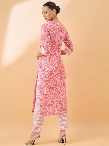 Image of Winza Designer Geometric Printed Red Cotton Kurta Sets for Woman | Kurtasets | Kurti with Pant Co Ord Set for Women | Kurtas Kurtis | Cordset | Coordset