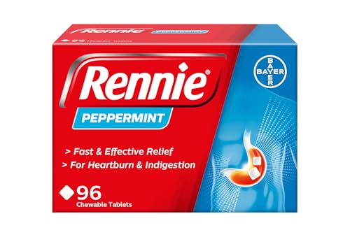 Rennie Peppermint Flavour Antacid, Heartburn and Indigestion Chewable Tablets, 1 Pack of 96 Tablets - Gets to Work in 60 Seconds for Fast and Effective Heartburn Relief