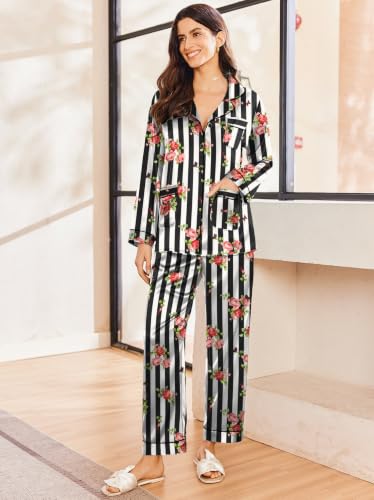 Image of Ekouaer Pajamas for Women Silk Satin Button Down Long Sleeve Pajama Sets