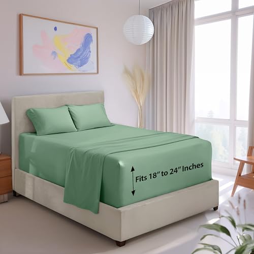 Image of Hearth & Harbor Extra Deep Pocket Twin Sheet Set, Sage Green | 4 Piece Cooling Bed Sheets Set, Ultra Soft & Breathable, Fits Up to 24 inch Mattress, Wrinkle & Fade Resistant, Hotel Luxury
