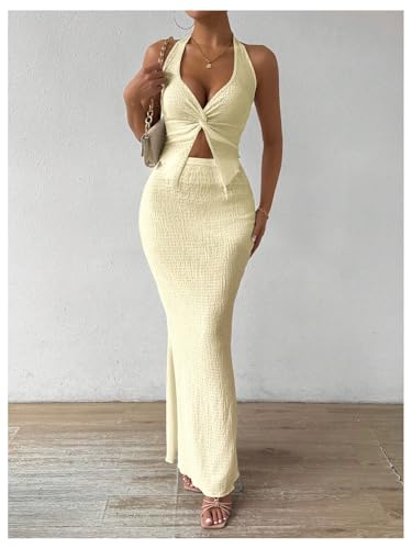 Image of SOLY HUX Women's Two Piece Outfits Twist Front Halter Cami Tops and Skirt Summer Set