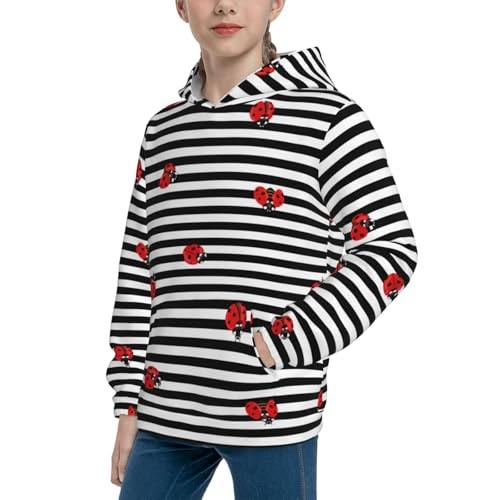 Ladybugs on Black and White Striped Kid Hoodies Boys Sweatshirts Girls Pullover with Pocket2