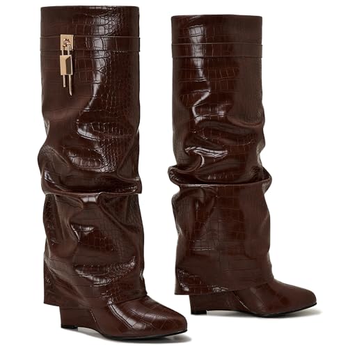 Image of Fold Over Boots for Women Pointy Pull-on Wedge Heel Knee Shark Boot With Side Zipper Padlock Design