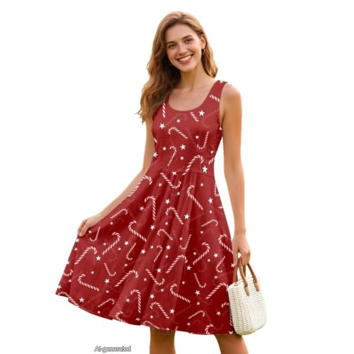 Image of Women Stylish Tank Dresses Sleeveless Round Neck Midi Casual Dress with Pocket for Summer