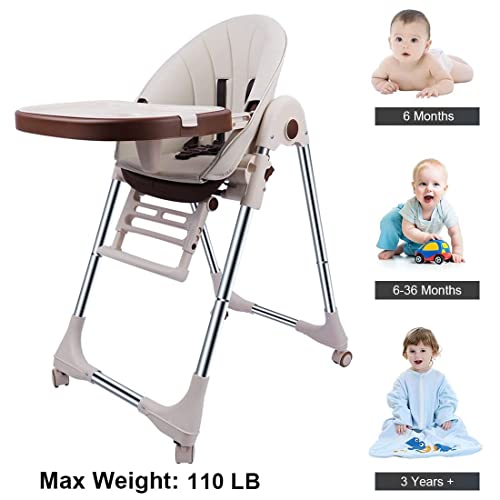 Baby High Chair For Toddlers Kids Feeding Height Convertible With Removable Tray, Multifunctional Portable Children Dining Reclining Chair Foldable With Wheels, Beige #TOP3