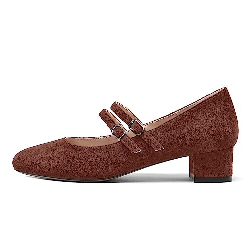 AMBELIGHT Womens Suede Mary Jane Dating Adjustable Strap Buckle Cute Round Toe Solid Block Low Heel Pumps Shoes 1.5 Inch2