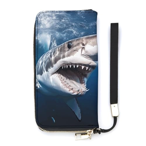 Portefeuille long en cuir synthétique blanc imprimé Grand Requin Blanc pour homme et femme