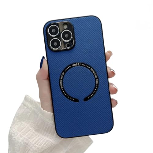 Coque iPhone 14 bleu au quotidien charge sans fil et texture carbone