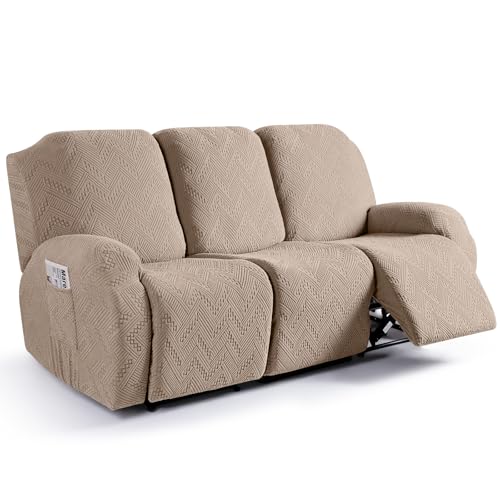 Image of Ruaozz Recliner Sofa Covers Recliner Chair Covers Couch Covers for Reclining Couches with Pockets Washable Furniture Protector with Elastic Bottom (3 Seater, Khaki)