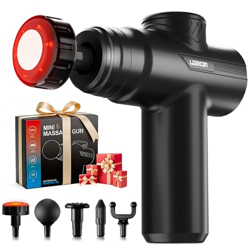 Image of LEERCON Massage Gun with Heat, Deep Tissue Back Massager Gun Gifts for Men | Mini Handheld Percussion Massage Gun with 5 Heads and 6 Speeds 104 - 122F, Ideal Gifts for Men Women Dad Mom Athletes, Black
