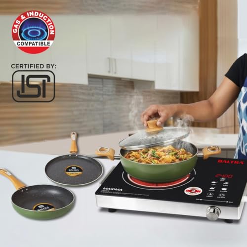 Image of BALTRA Maxima 2400W Electric Infrared Induction Cooktop Combo | Includes Duron 4-Piece Cookware Set | 7 Preset Functions, Auto Shut-Off, Glass Top | No Gas Cooking Stove