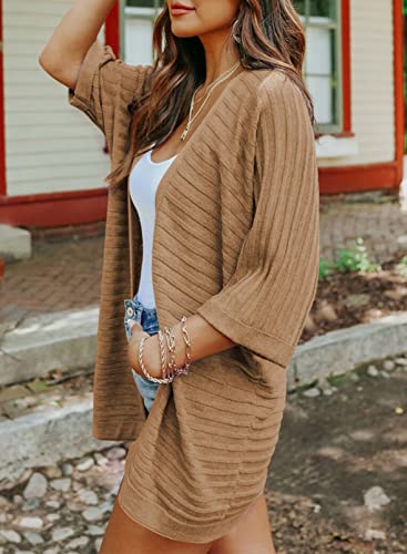 Shewin Womens Casual 3/4 Short Sleeve Open Front Lightweight Summer Kimono Cardigan Soft Cable Knit Sweaters Outerwear,Us 8-10(M),Brown #TOP3