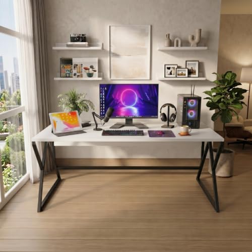 Image of TEKAVO Remik Study Table for Home & Office | Computer Table for Home pc | Wooden Gaming Workstation Desk with Heavy Duty Metal | 150 cm Table | White