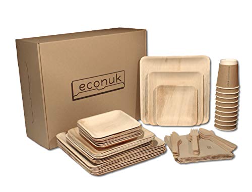 econuk – Juego Completo de Platos Vasos Cubiertos y Servilletas Desechables Biodegradables para 10 Personas 70 Piezas...