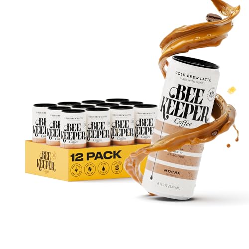 Image of Beekeeper Mocha Latte Cold Brew Coffee Drinks with Oregon Honey | 12 Pack Refreshing Iced Coffee - Unsweetened & Strong Arabica Brew, 8 fl oz Ready-to-Drink Can - 180mg Natural Caffeine