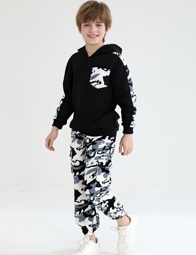 Image of mksodopy Boys Clothes Long Sleeve Hoodie and camouflage cargo pants Boy Outfits for 6-16 Years
