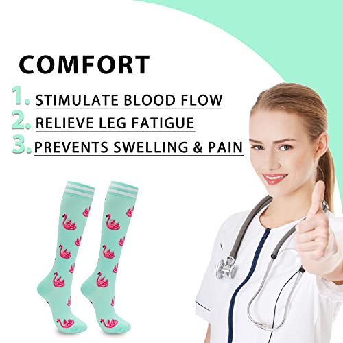Fenglaoda Compression Socks Women 20-30 Mmhg 6 Pairs,Knee High,Wide Calf,Colorful,Novelty,Fun,Cute,Best Support Stockings For Running,Sports,Travel,Flight,Nurse,Pregnancy #TOP3