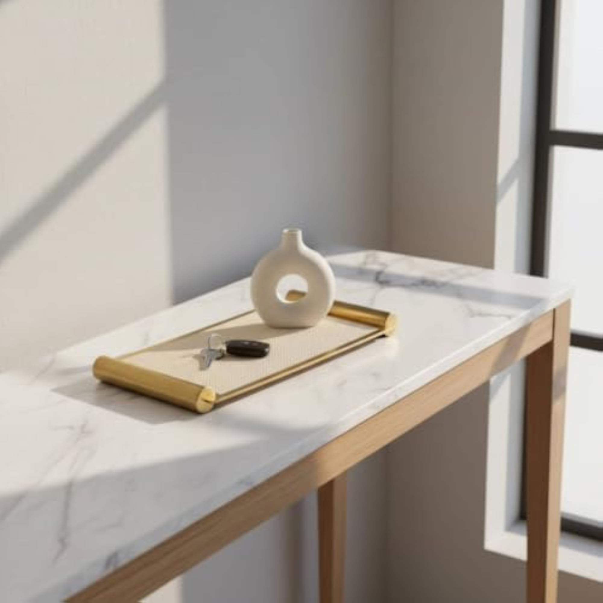 Woven-Look Rectangular Tray with Gold Frame