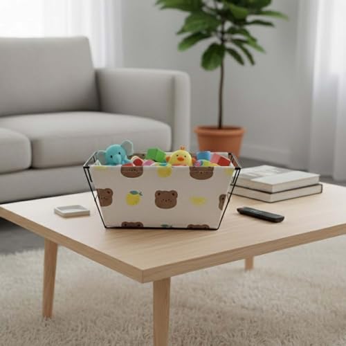 Image of Go Hooked Metal Storage Basket with Removable Fabric Liner | Cute Bear Print Multi-Purpose Organizer for Home, Bathroom, Tabletop | Decorative Wire Basket for Fruits, Toys, Snacks & Home Storage
