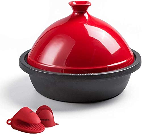 MXXHFC Schmortopf aus Gusseisen, 30 cm Tajine mit emailliertem Gusseisenboden und kegelförmigem Deckel für Verschiedene Kochstile Gusseisentopf (Farbe : Grün) (Rot)