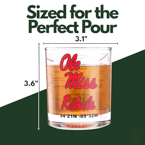 Image of Greenline Goods University of Mississippi Rebels Whiskey Glasses Set of 2, 10 oz Rocks Glasses with Full-Color Logo & Campus Map - Officially Licensed Bourbon Glass Gift for Alumni & Fans