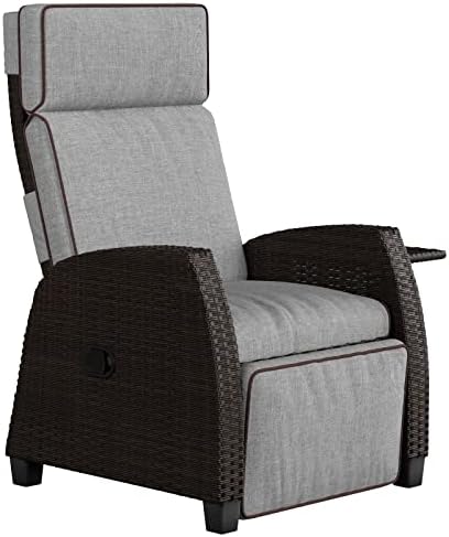 Grand patioRecliner PE Wicker, Adjustable Position Height Armchair with Flip Table and Cushion, Aluminum Frame, Lounge Chair for Indoor, Outdoor (Brown Wicker, Grey Cushion)