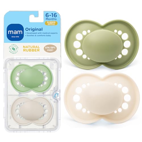 Image of MAM Original Latex Pacifiers, Binky Pacifier for 6-16 Months, Natural Rubber Nipple, Made from Bio-Circular Materials, Easy to Clean, with Sterilizer Case, 2 Count Binkies