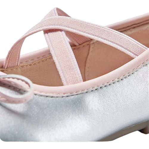 Girls' Silver Ballet Flats with Elastic Straps, Metallic Bow Detail, Cross-Strap Design3