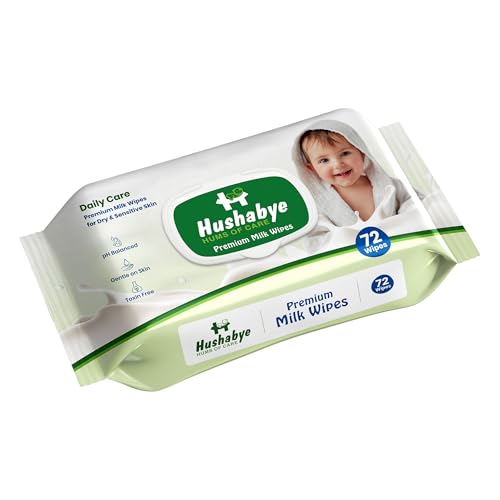 Image of Hushabye Premium Milk Baby Wipes with lid- 0+ Months, pH balanced, Paraben & Alcohol Free, Moisturising & Thick Wipes with purified Water, Gentle & soothing, 72 pcs, Pack of 1