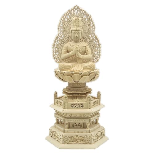 HU貿易 仏像 大日如来 2.0寸(総高24.5cm、横幅11.5cm、奥行き8.5cm)金剛界 火?光背 六角台 桧木製 b0005