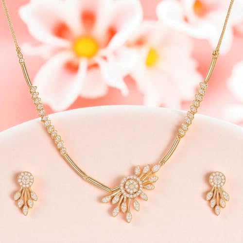 Image of Nilu's Collection Rose Gold Plated AD Stone Jewellery Set for Women, Girls | Special Ocassion, Wedding, Engagement, Dating | Anti Tarnish | Anti Allergy | Necklace and Earring Set | Gift for Her