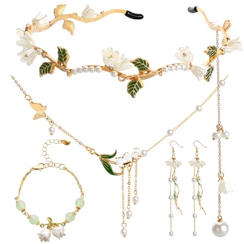 Quelay 4 Pcs Lily of the Valley Fairy Jewelry Set Flower Necklace Bracelet Renaissance Earrings Headband Floral Headdress(White)