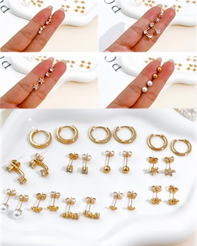 12 Pairs Small Stud Earrings Set, Hypoallergenic 14K Gold Plated Earrings - image 9