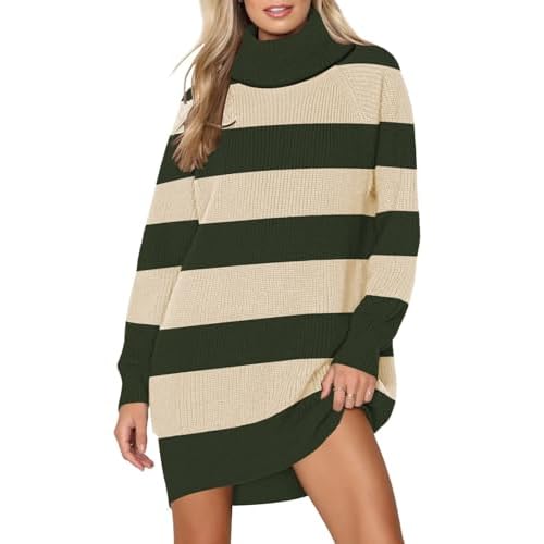 Pink Queen Women's 2024 Fall Oversized Sweater Dresses Turtleneck Long Sleeve Ribbed Pullover Knit Stripe Mini Dress Small Army Green and Beige