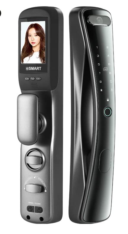 Eazyliv Smart Solutions WiFi Glossy Tuya APP Face recognition, Video Intercom, Cat's Eye Automatic Door Lock Biometric Fingerprint IC Card Key Home Security-Office, Apartment, Villa (Grey)