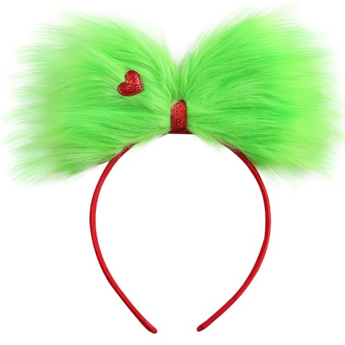 JiaDuo Large Green Furry Hair Bow Headband for Women Red Heart Headwear Hair Accessories Party Favors