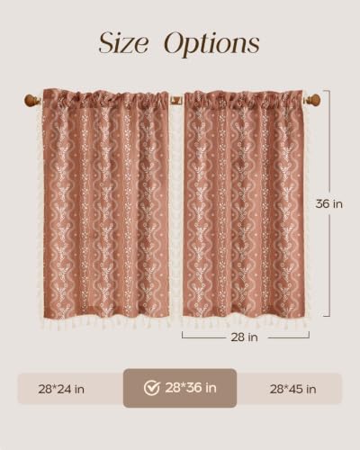 Image of Miss Adola Boho Kitchen Curtains - 36 Inch Length Linen Blend Floral Burnt Orange Cafe Curtains Tassels Tier Curtain Short Drapes Rod Pocket for Bathroom Living Room Windows Light Filtering, 2 Panels