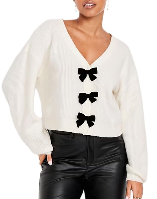 Women Bow Tie Front Cardigan Sweater Cute Long Sleeve V Neck Knit Sweater Top Fall Loose Open Front