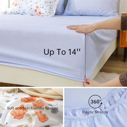 Image of MUXHOMO Orange Blossom Full Comforter Set, Elegant Floral Print Bed in a Bag 7 Pieces, Ultra Soft & Breathable Reversible Botanical Pattern Bedding Set with Comforter, Sheets, Pillowcases, and Shams