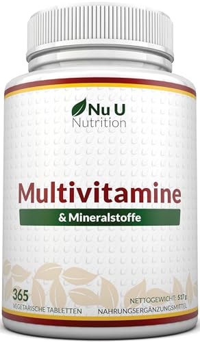 Multivitamin & Mineralstoffe A-Z - 365 Vegetarische Tabletten - 1 Jahresvorrat - 25 Vitamine und Mineralstoffe pro Tablette Hochdosiert - Nu U Nutrition