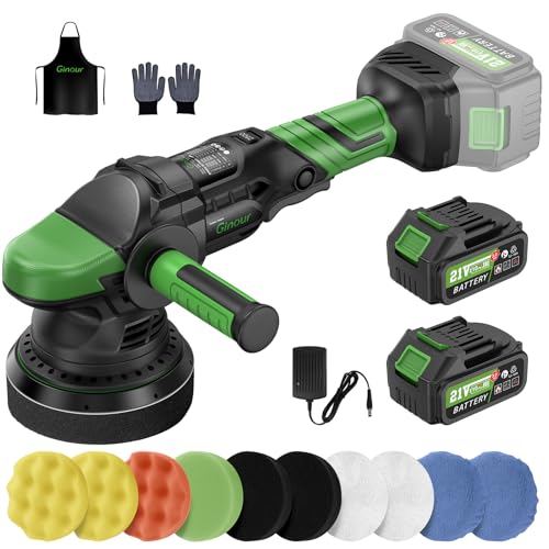 Ginour Cordless Car Polisher for Car Detailing, 900W Brushless Dual Action Car Polisher with 2*21V 3.0Ah Batteries, Variable Speeds 1000-5200OPM, Car Buffer Polisher Machine with Side Handle, 5in disc