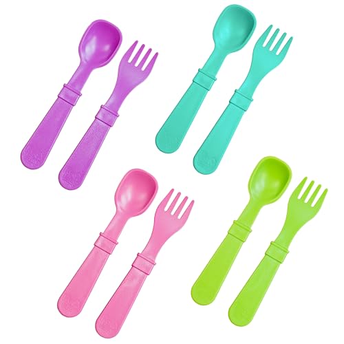 Image of Re-Play Toddler Forks and Spoons Set - 4x4 Utensils Set for Kids - Dishwasher and Microwave Safe - Made in USA - Set of 8-5.8" x 1.2" x 0.2" - Mermaid