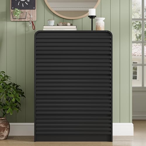Image of 5 Drawer Dresser for Bedroom, 45 inch Tall Fluted Dresser with Curved Edge and Ergonomic Handleless, Large Wooden Clothes Storage Organizer, Modern Chest of Drawers for Closet, Living Room, Black