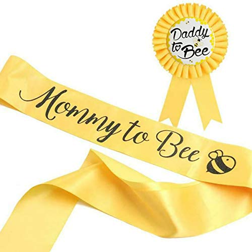 Image of LINGAIXINYUE Baby Shower Decorations -'Mommy to Bee' Gold Sash and 'Daddy to Bee' Tinplate Badge Combo Kit Baby Shower Party Favors Decorations Gift for Pregnant Party Deco