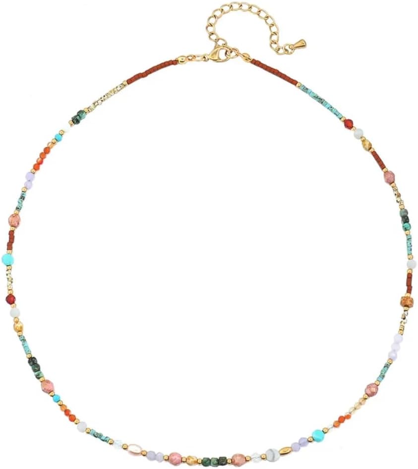 Pierced Owl Gold Plated Stainless Steel Natural Stone Beaded Necklace