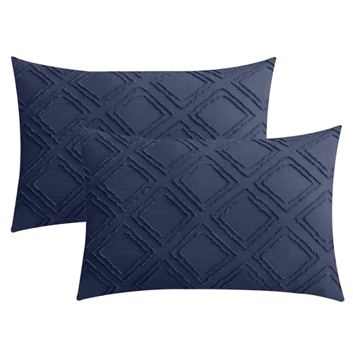 JELLYMONI Pillowcases Standard Size Navy Blue 2 Pack Boho Plaid Bed Pillow Covers 20x26in Microfiber Envelope Pillow Shams Tufted Bohemian Textured (Pillows are not Included)