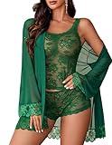 Avidlove Plus Size Lingerie for Women 3 Piece V Neck Cami Sleepwear with Lace Kimono Red Robe Nighthown...