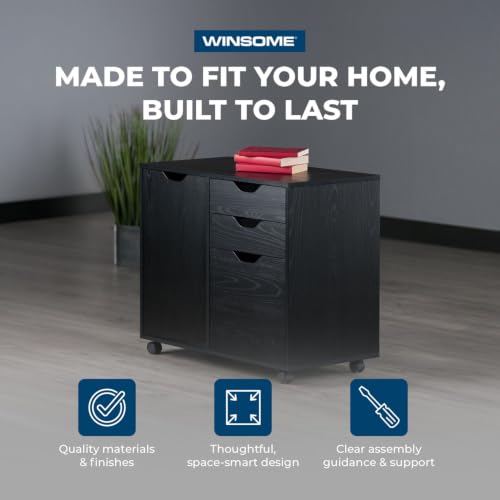 Image of Winsome Halifax Mobile Storage Cabinet with 1 Large Door & 3 Drawers, Black